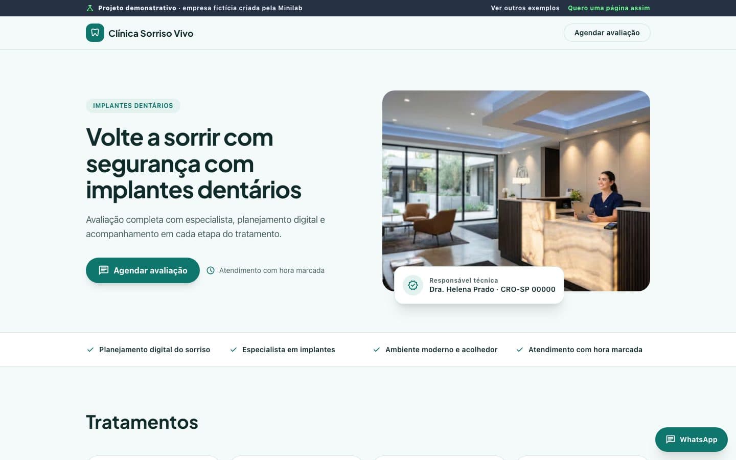 Página demonstrativa de clínica odontológica criada pela Minilab, vista no computador e no celular