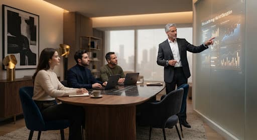 Mentor apresentando estratégia para fundadores